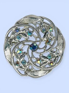 VTG Brooch Aurora Borealis Rhinestones Round‎ Silver-tone Rhodium Back